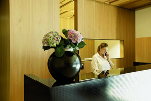 Eine Rezeptionistin am Telefonieren im Hotel am See