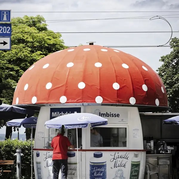 Der Milchpilz, ein Kiosk in Form eines Fliegenpilzes in Bregenz © Gerhard Klocker