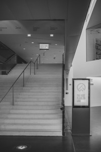 Hauptstiege im Festspielhaus Bregenz mit Besucher:innen-Leitsystem